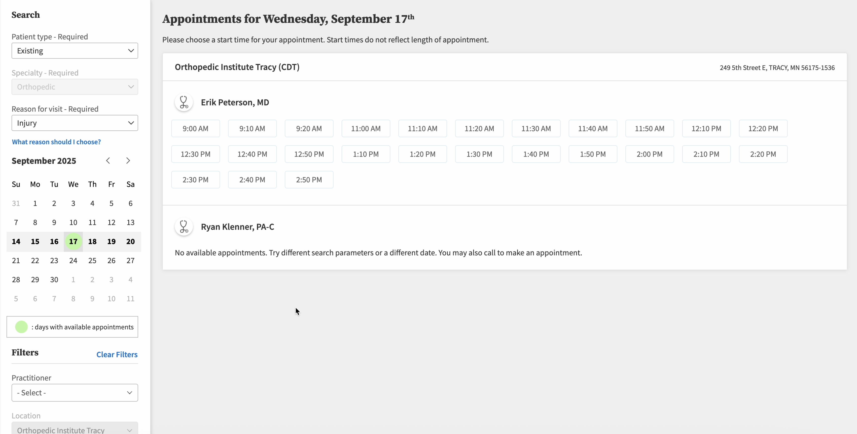 Patient choosing an available time slot
