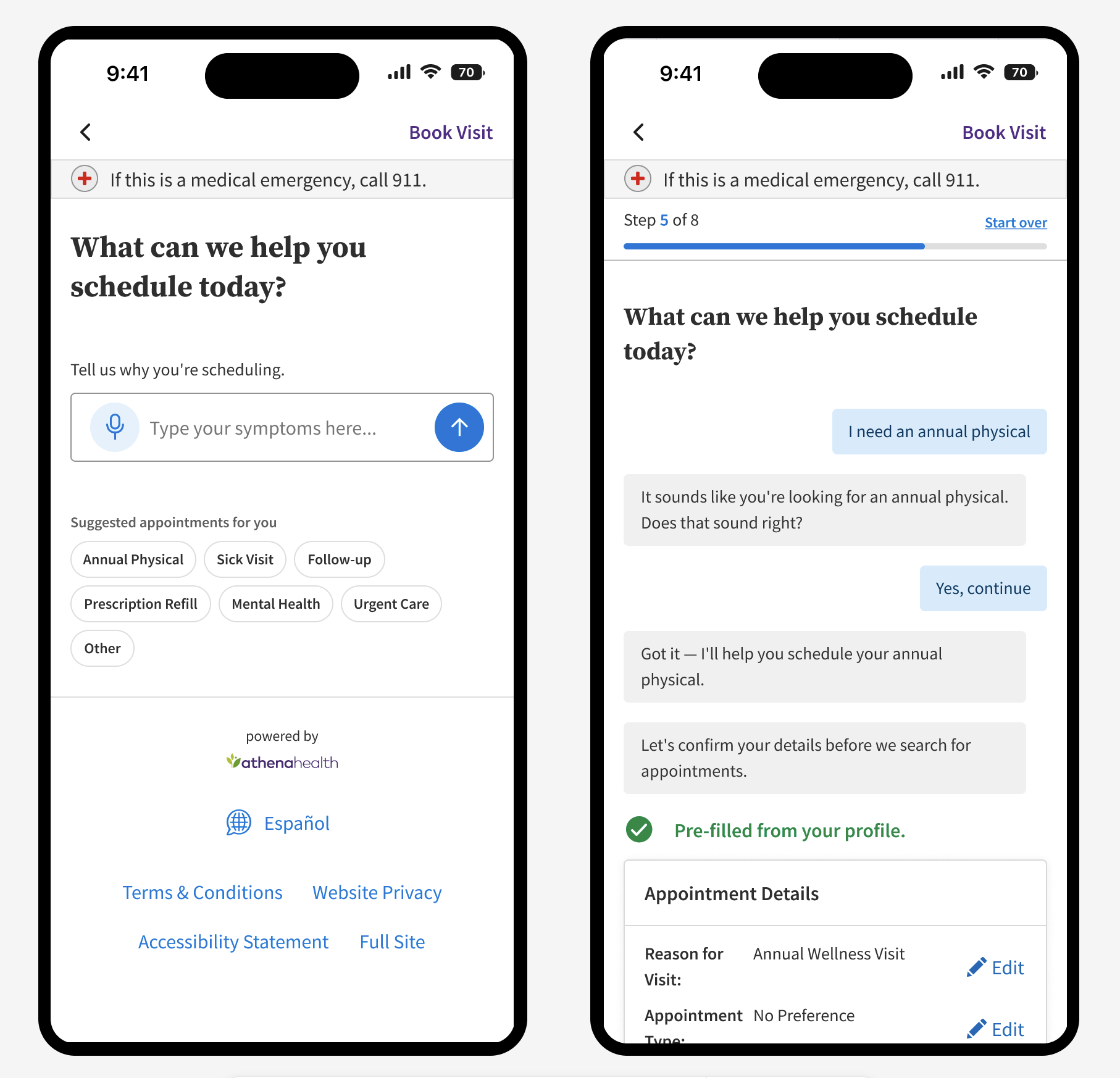 Patient experience design, mobile view