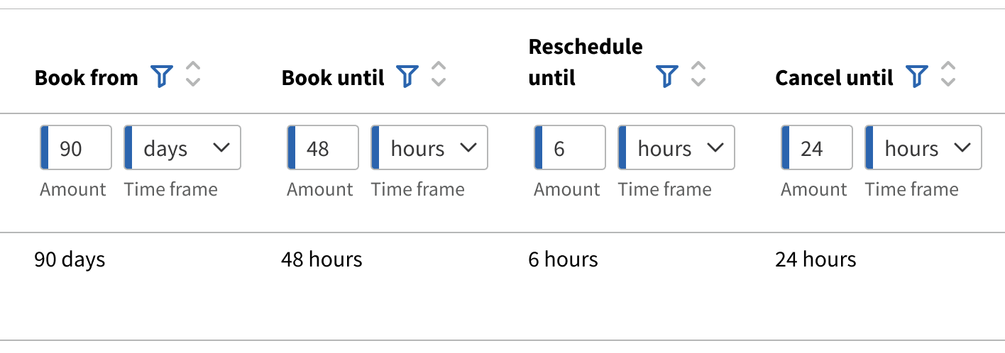 Separate booking, cancelation, and reschedule windows