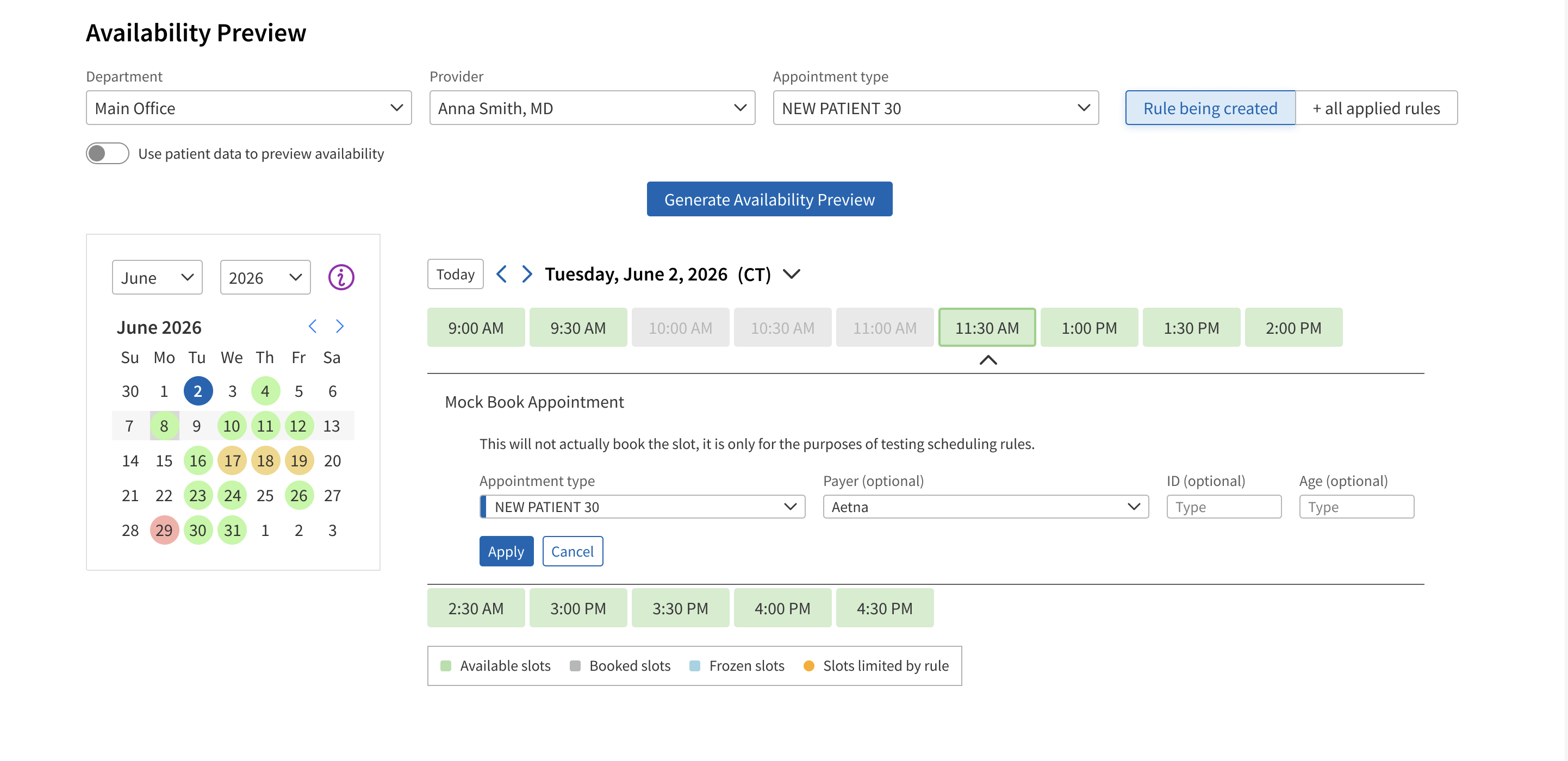 Mock booking slots in the availability preview