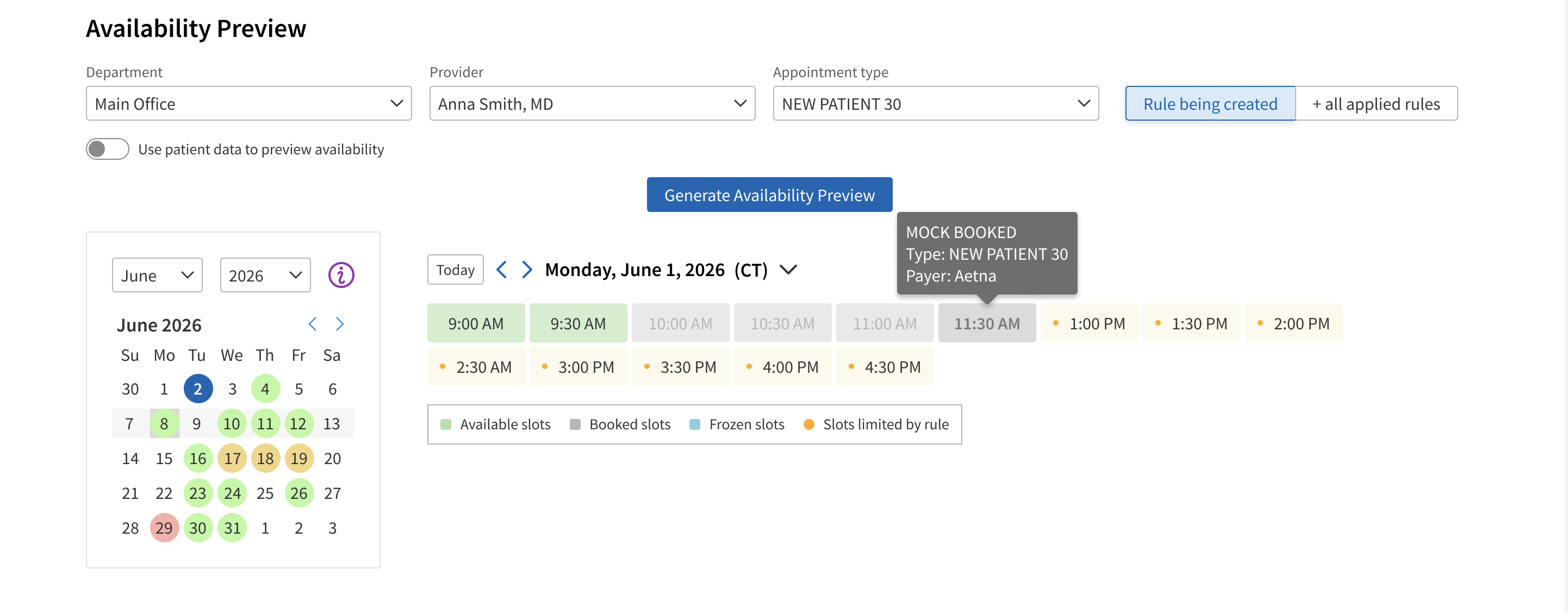 Availability preview with the rule triggered