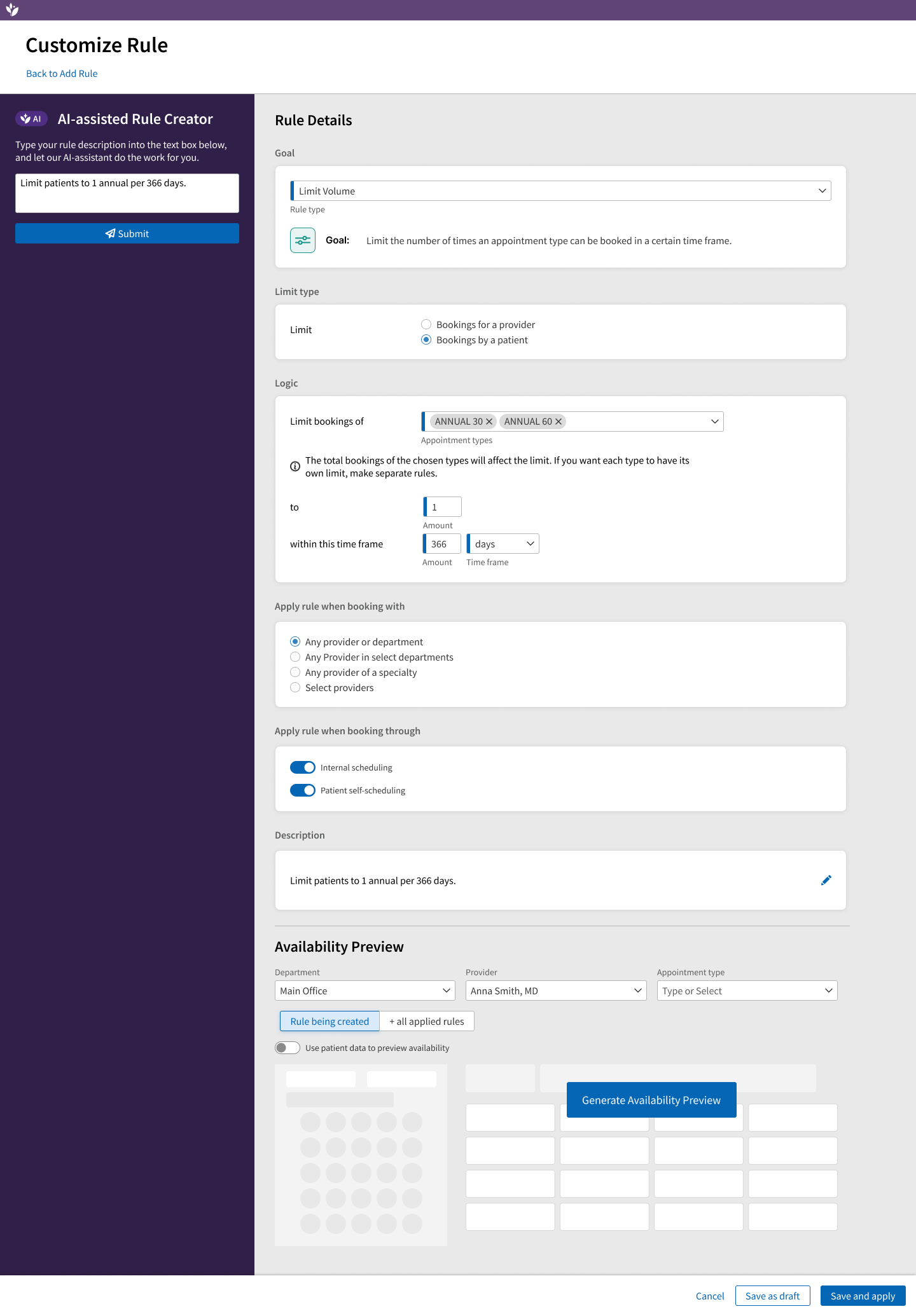 Revised form to customize a rule