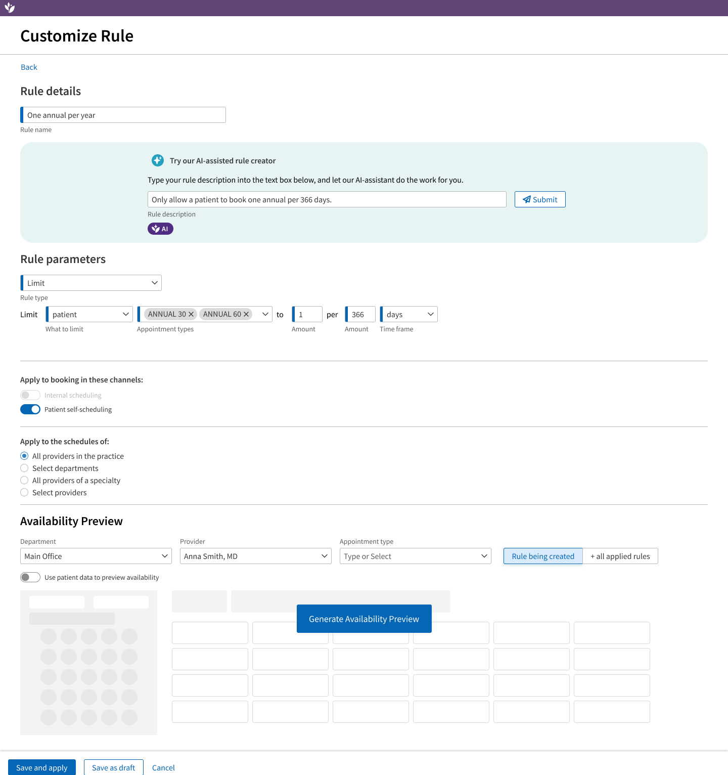 Customize rule, featuring AI assist and form fields