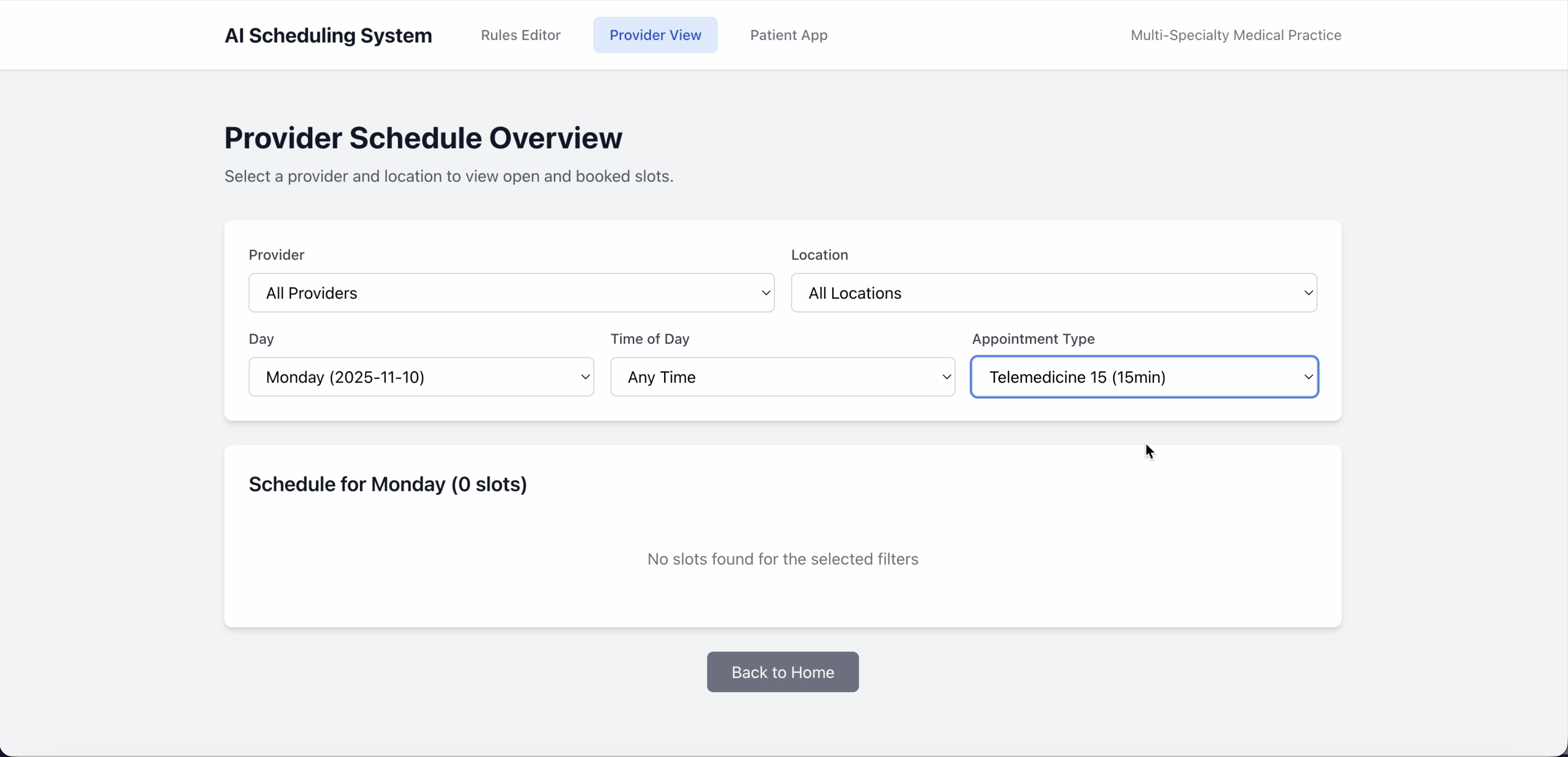 Provider schedule showing no telehealth slots on Monday