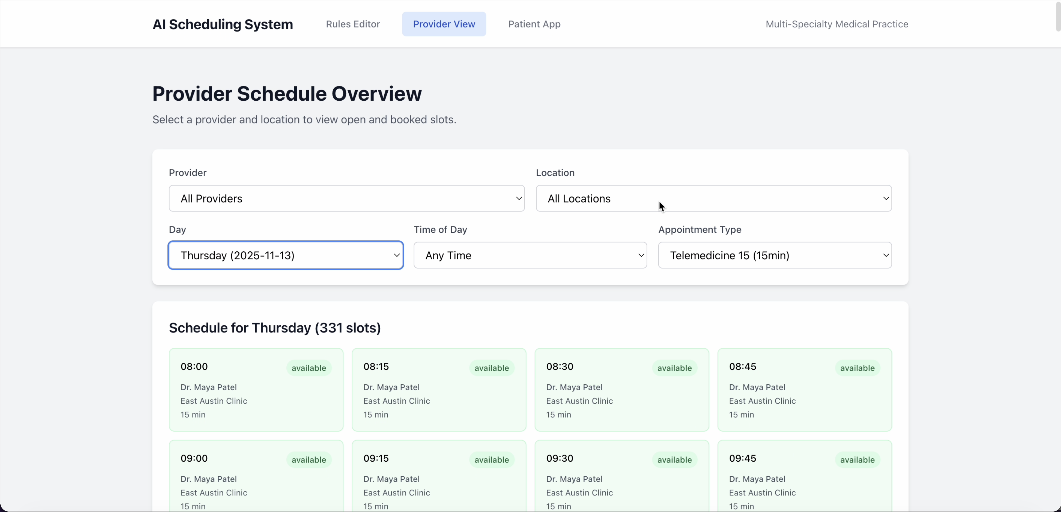 Provider schedule showing available telehealth slots on Thursday