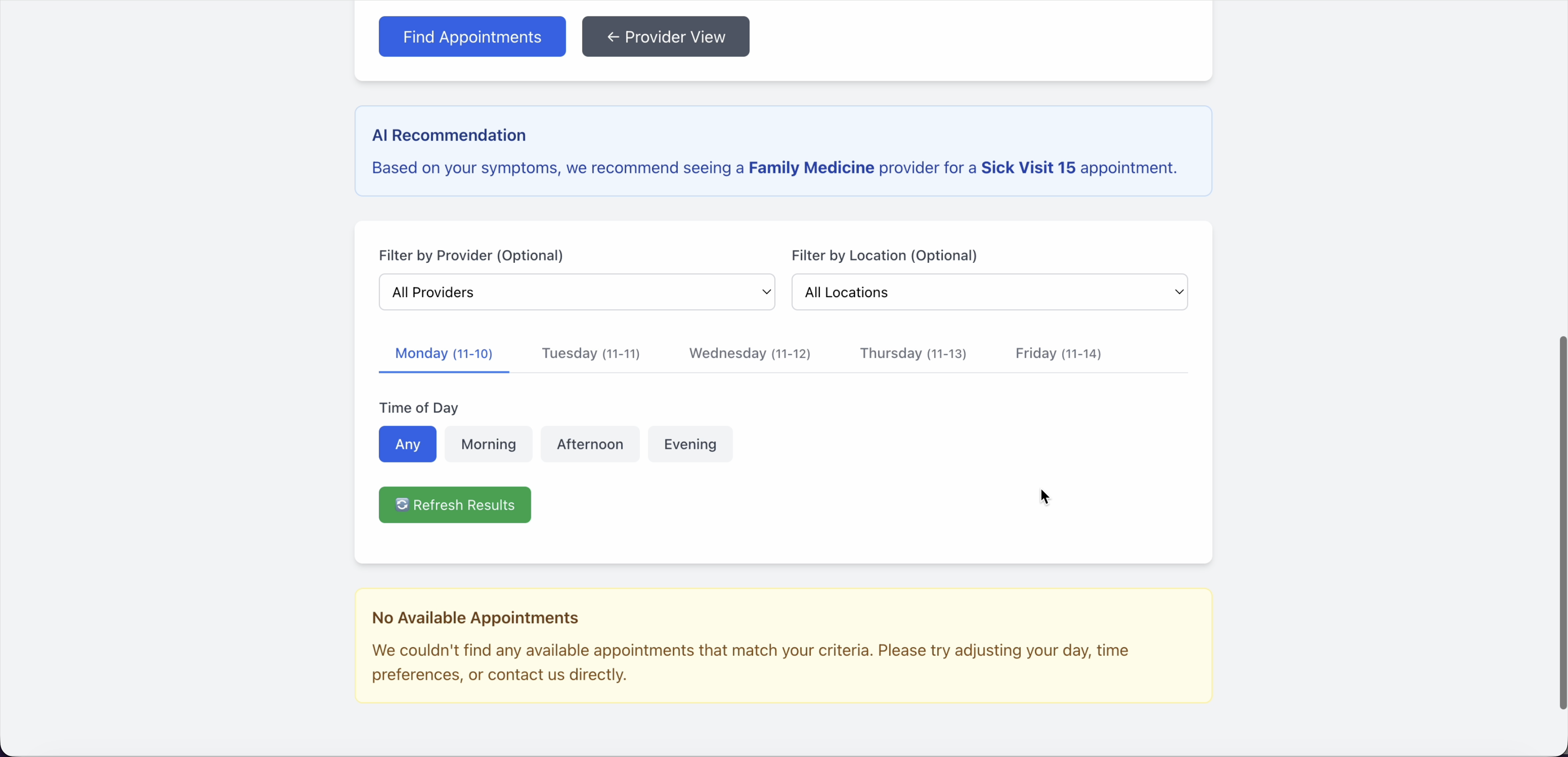 Patient view showing no telehealth availability on Monday