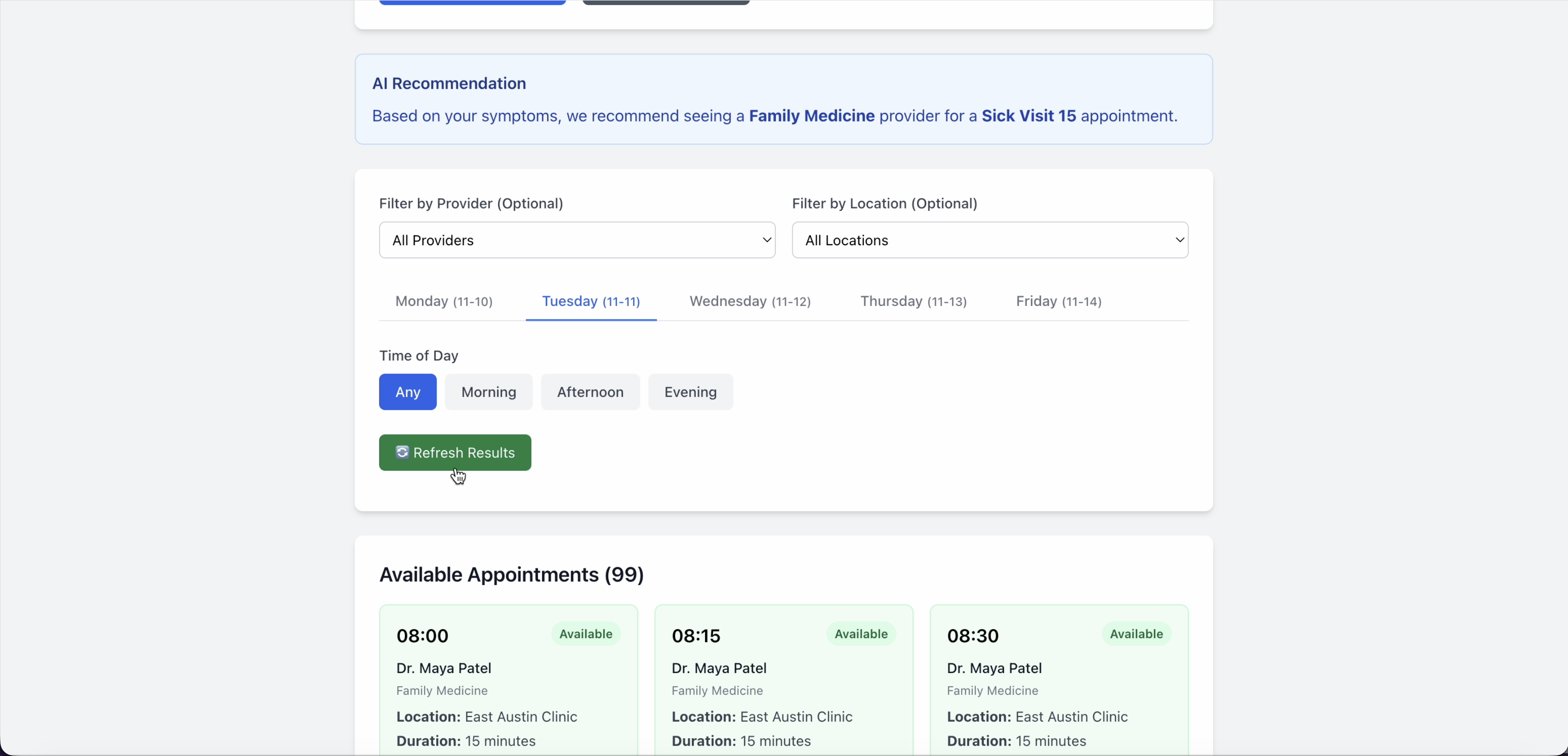 Patient view showing telehealth availability on Tuesday