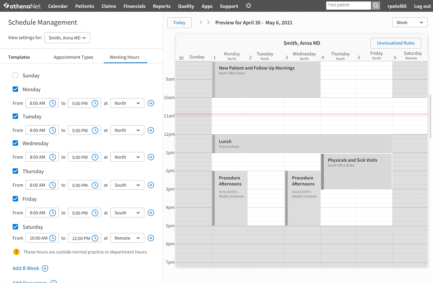 Set the provider's working hours